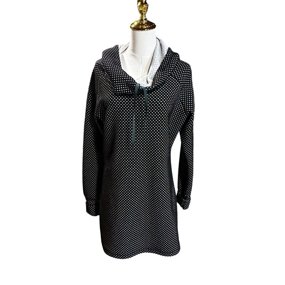Betabrand Size L Cowl Neck Tunic Hooded Sweater Polka Dot Black White Women’s